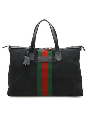 Gucci Web Stripe Sherry Line Tote Large Shoulder Bag Nylon Leather Black